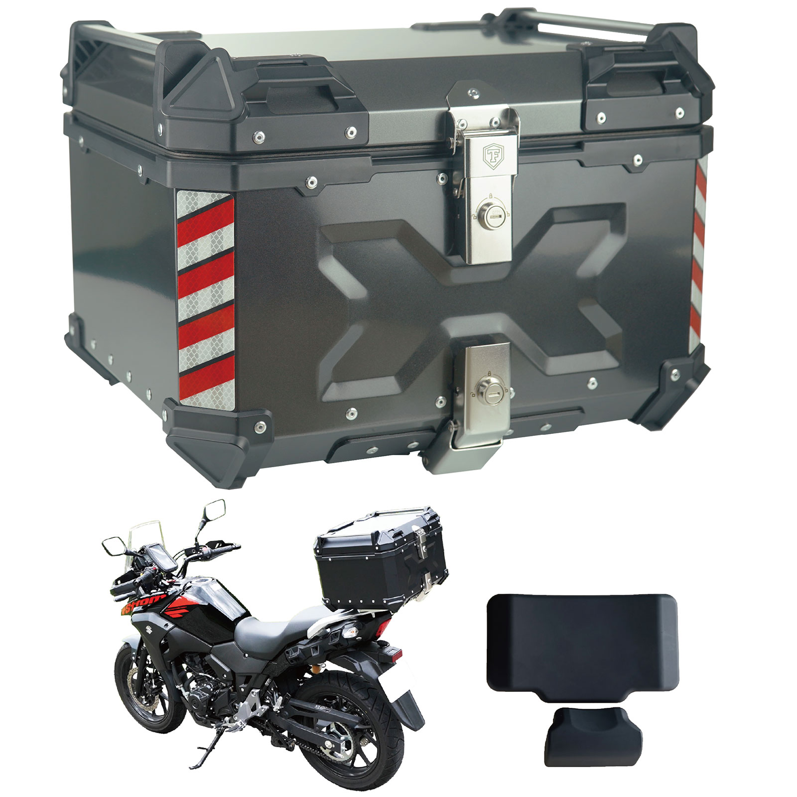 お得100%新品1円 バイクボックス リアボックス バイク 大型 55L アルミ製品 大容量 ツーリング 取り付けベース 鍵2本 バックレスト付き 着脱可能式 トップケース