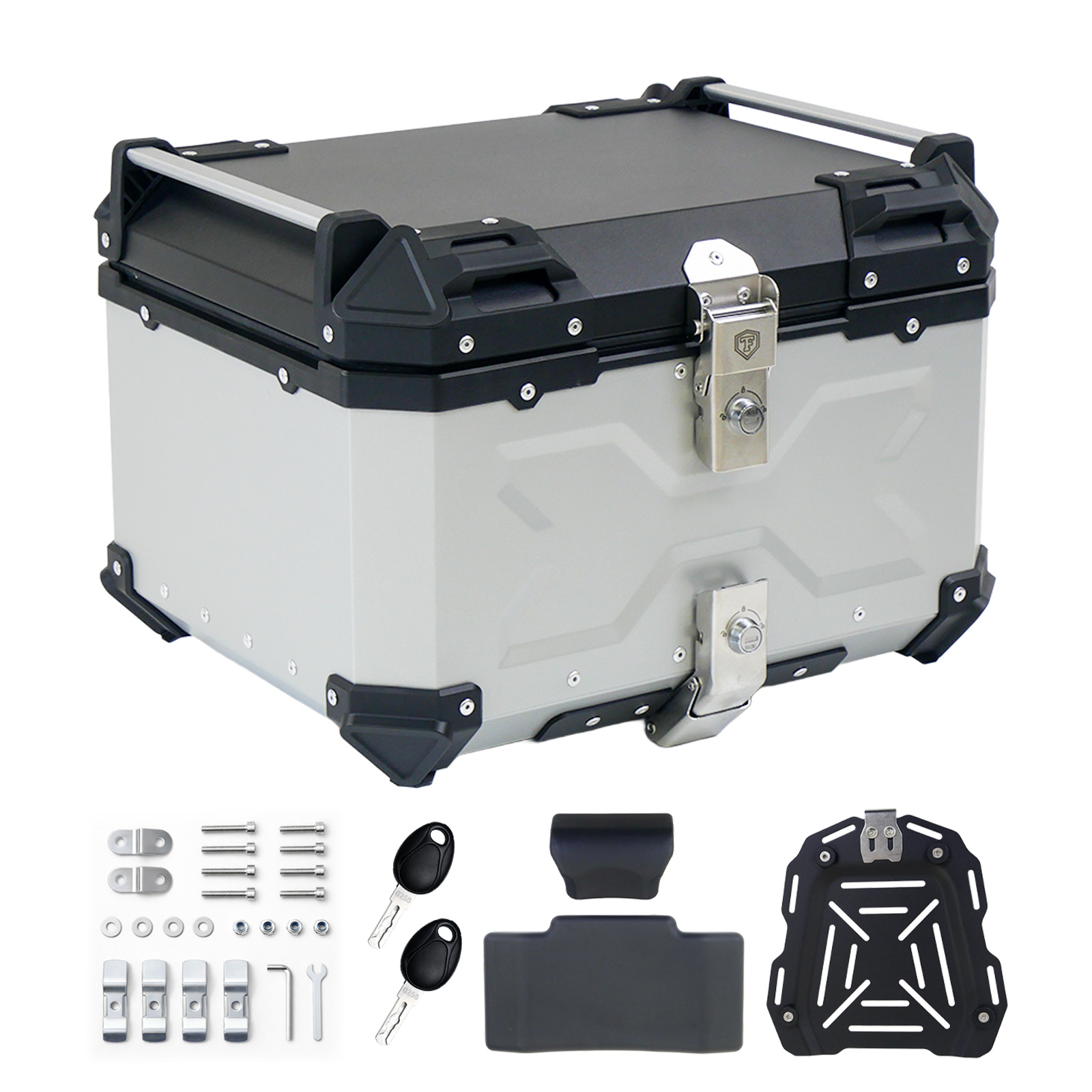 未使用中古美品 リアボックス 55L バイクリアボックス アルミ製　シルバー ONE STEP リアボックス バイク 55l 背もたれ バイクリアボックス大型