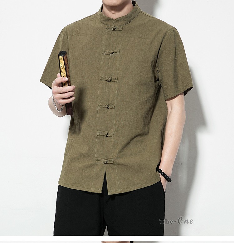 リネンシャツ 半袖シャツ メンズ チャイナ服 中華風 麻 シャツ 立ち襟 
