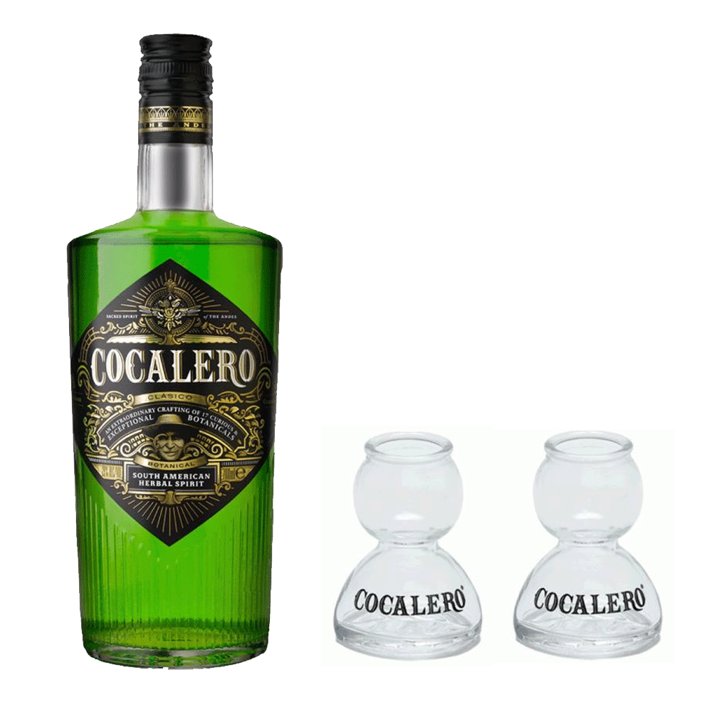送料無料 コカレロ　COCALERO　クラシコ　700ml　グラス付　29度　ボムグラス2個　コカの葉 リキュール ガラス製