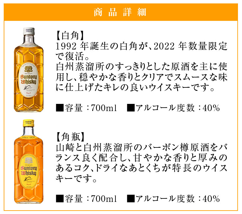 お歳暮 御祝 内祝 誕生日 サントリー ウイスキー 飲み比べ 2本セット 2022年数量限定 白角 ・ 角瓶 ギフトセット 700ml 40%  限定白角・定番角瓶 @ ◎