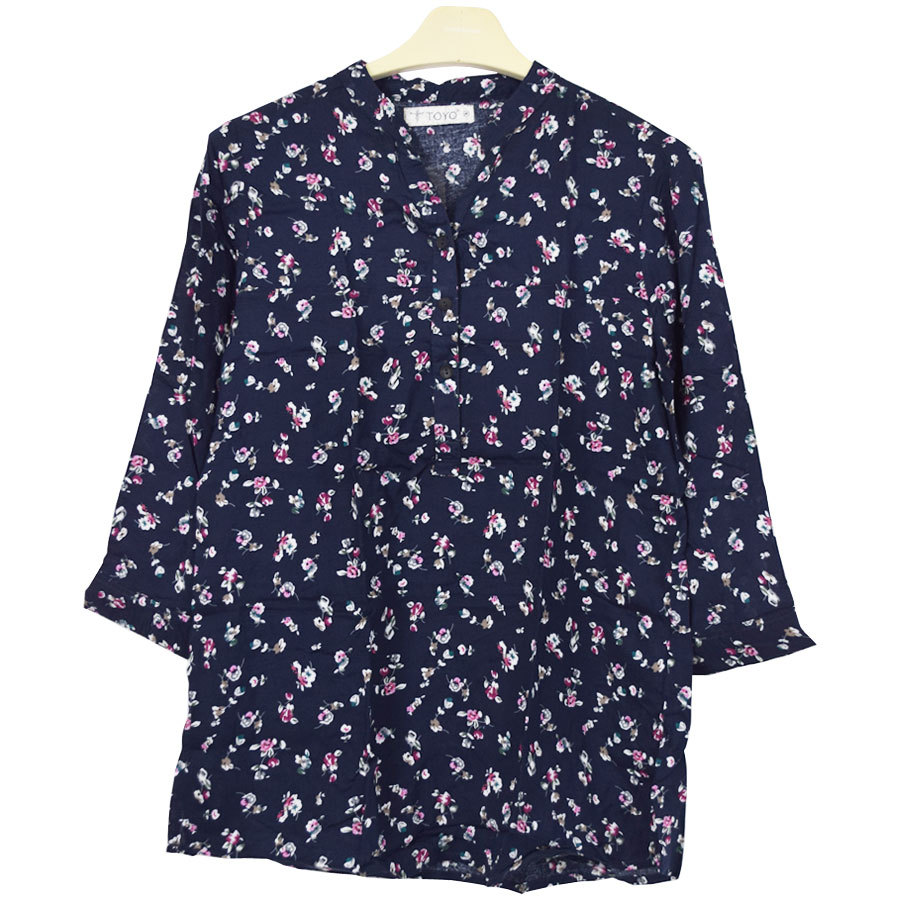 ブラウス レディース 7分丈袖ブラウス ゆったり 花柄ブラウス Vネック Tシャツ 七分丈袖 ゆったりTシャツ 花柄 夏 Tシャツ レトロ 97303804g.jpg