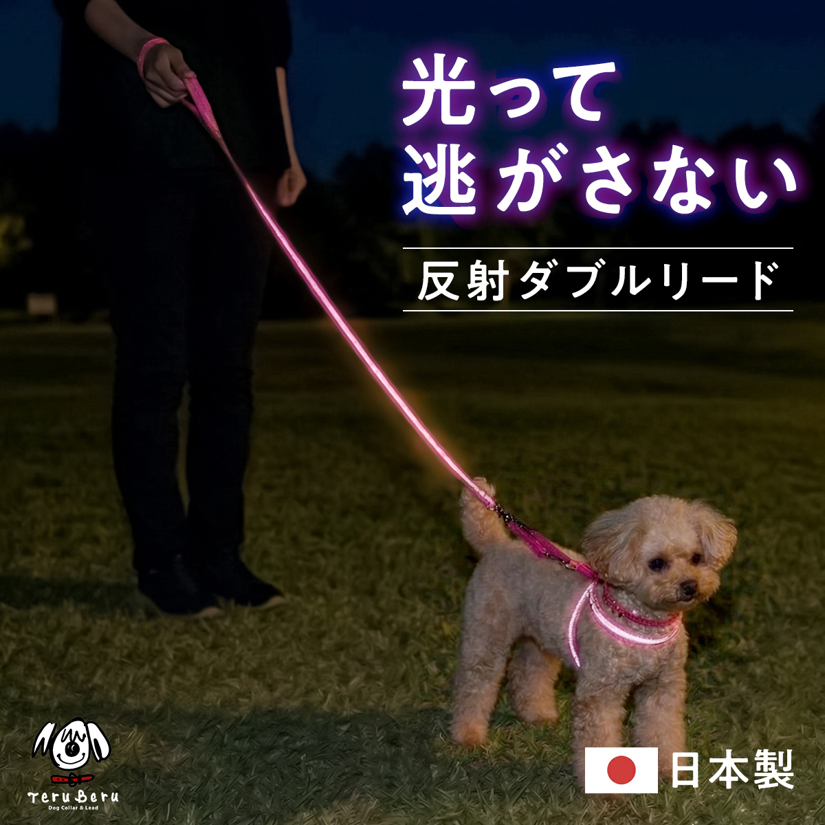 犬の首輪屋てるべる ダブルリード 反射 光る 夜間 夜道 目立つ 散歩