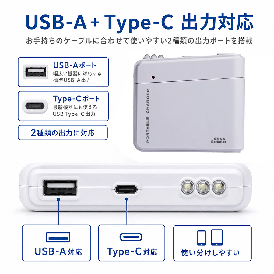乾電池式 充電器 スマホ 緊急充電器 AA電池6本 防災 停電対策 USB出力