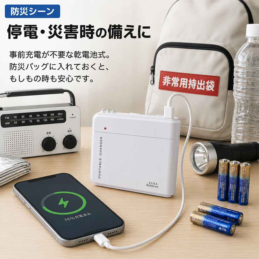 乾電池式 充電器 スマホ 緊急充電器 AA電池6本 防災 停電対策 USB出力