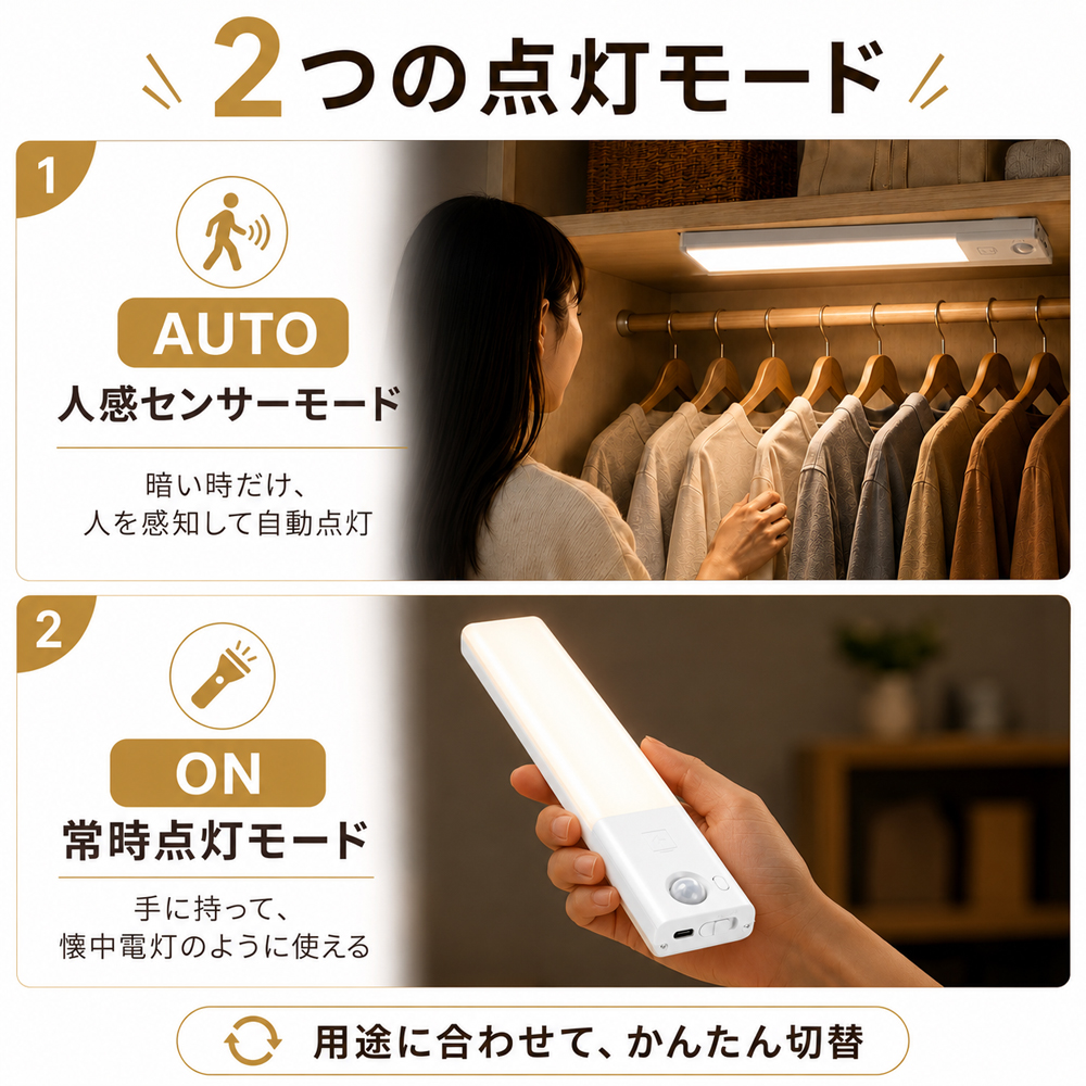 センサーライト 人感センサーライト LED 25cm マグネット式 3色調光 無