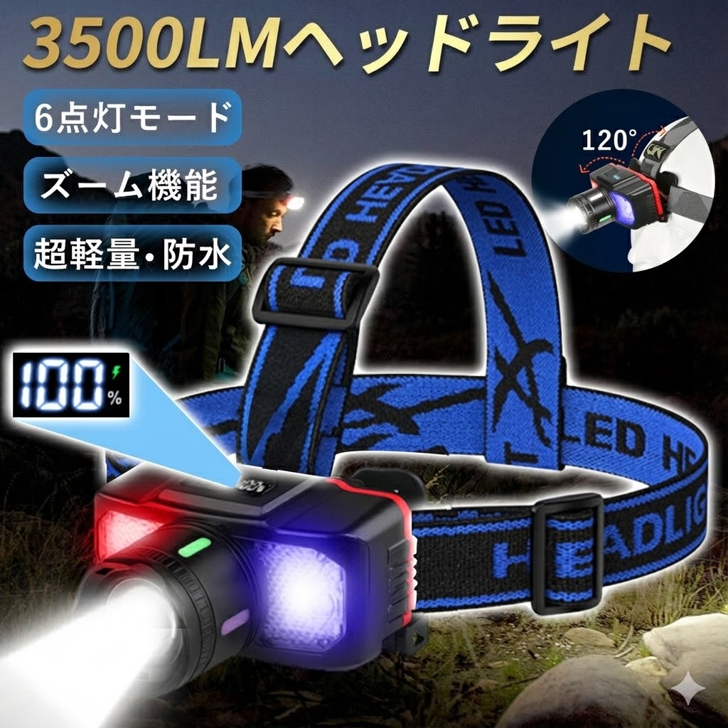 ヘッドライト 充電式 ledヘッドライト 最強ルーメン 3500LM 6モード