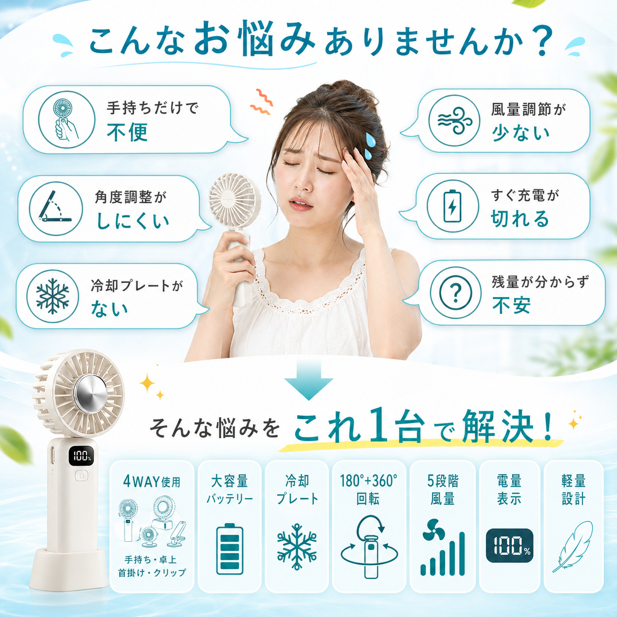 ハンディファン 首掛け扇風機 冷却プレート 360°角度調整 電量表示 5