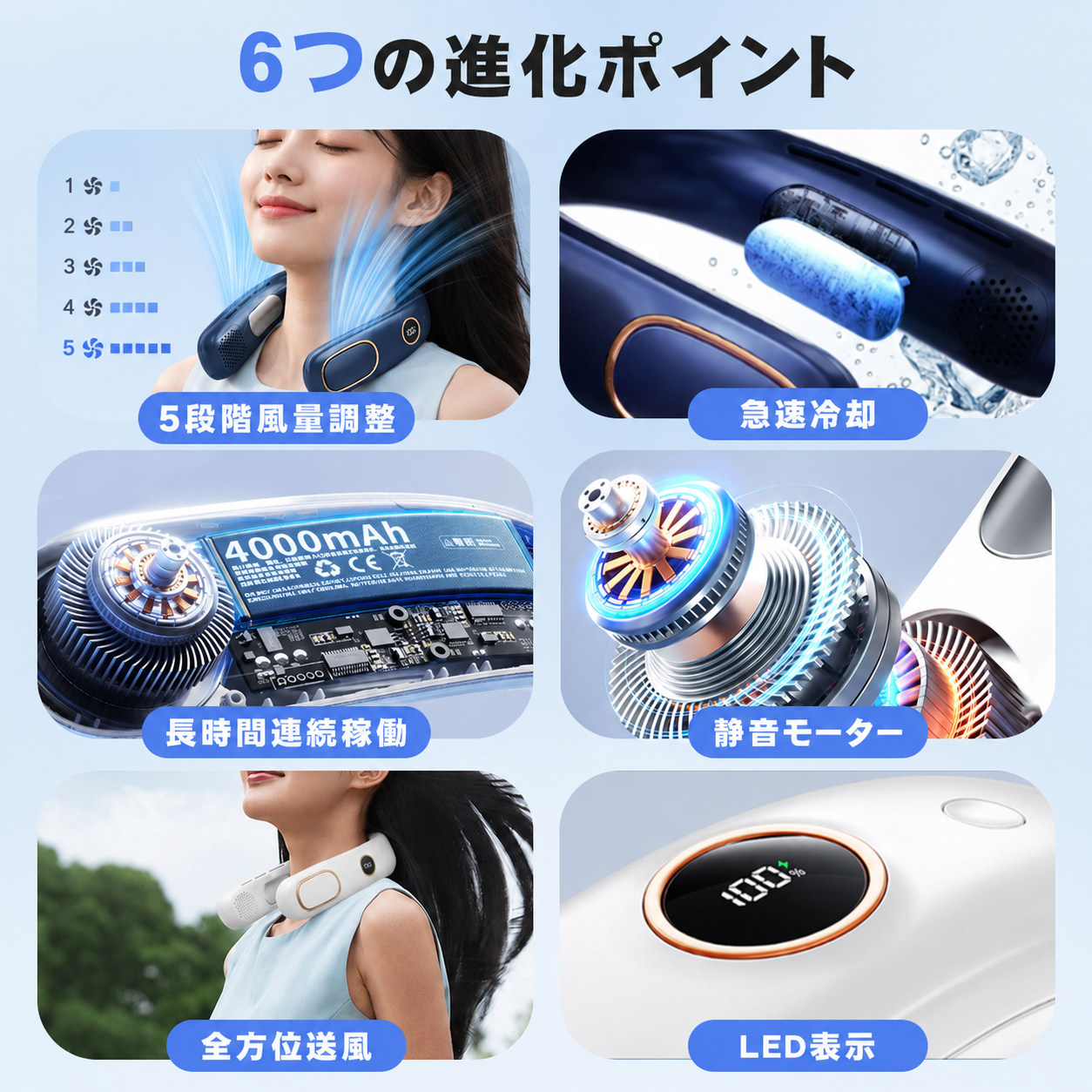 首掛け扇風機 ネッククーラー 冷却プレート 5段階風量 羽なし 首かけ