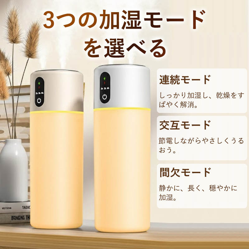 加湿器 超音波式 充電式 ダブル噴霧 3段階モード タイマー機能 LED