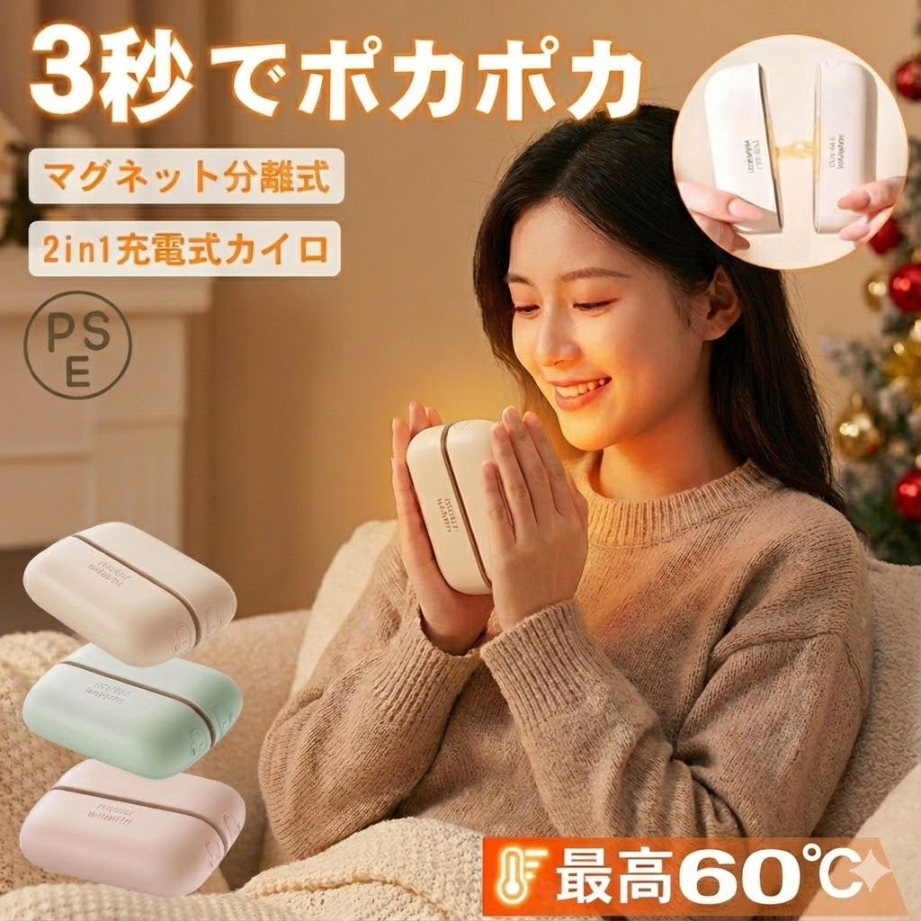 電式カイロ 電気カイロ マグネット型 分離式 6000mAh大容量 3秒速熱 3