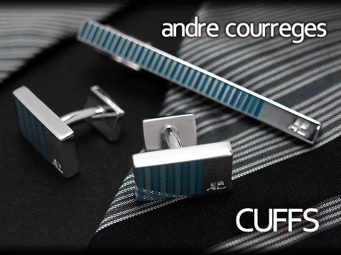 【andre courreges アンドレ・クレージュ】　カフス　長方形型スナップ式 ボーダー柄 ブルーグリーン ACC12004【セットではありません】