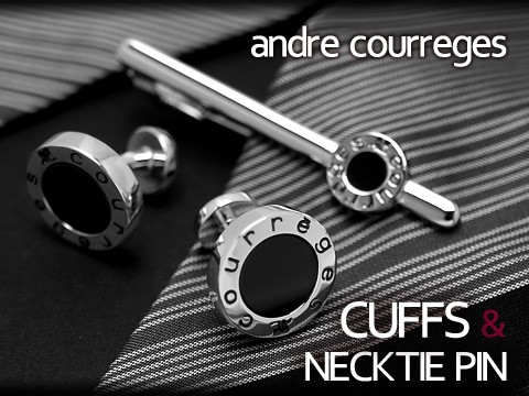 【andre courreges アンドレ・クレージュ】　ネクタイピン＆カフスセット　オニキス シルバー×ブラック　ACT5201-ACC12001