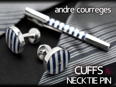 【andre courreges アンドレ・クレージュ】　ネクタイピン＆カフスセット　ボーダー柄 ブルー×ホワイト　ACT5203-ACC12003