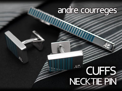 【andre courreges アンドレ・クレージュ】　ネクタイピン＆カフスセット　ボーダー柄 ブルー×アクアブルー　ACT5204-ACC12004