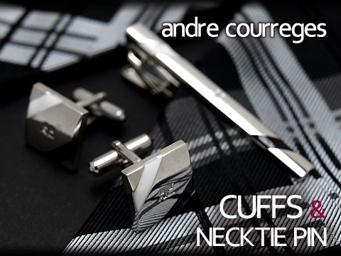 andre courreges アンドレ・クレージュ ネクタイピン＆カフスセット ブラック×ホワイト ボーダー CT4005A-CC6005A
