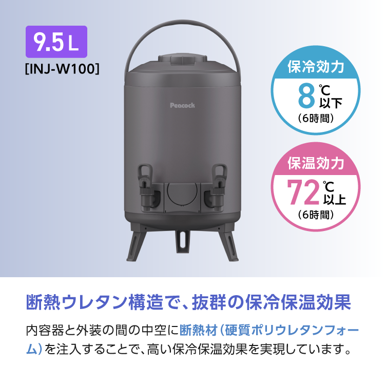 ウォータージャグ 日本製 9リットル 9.5L ダブルコック 10L弱 スポーツドリンク対応 ピーコック魔法瓶公式 キーパー 保冷 保温 ステンレス INJ-W100 関連画像5