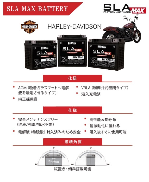 BTX14HL BS ハーレー 用 バッテリー AGM SLA-MAX 傾斜搭載OK : btx14hl