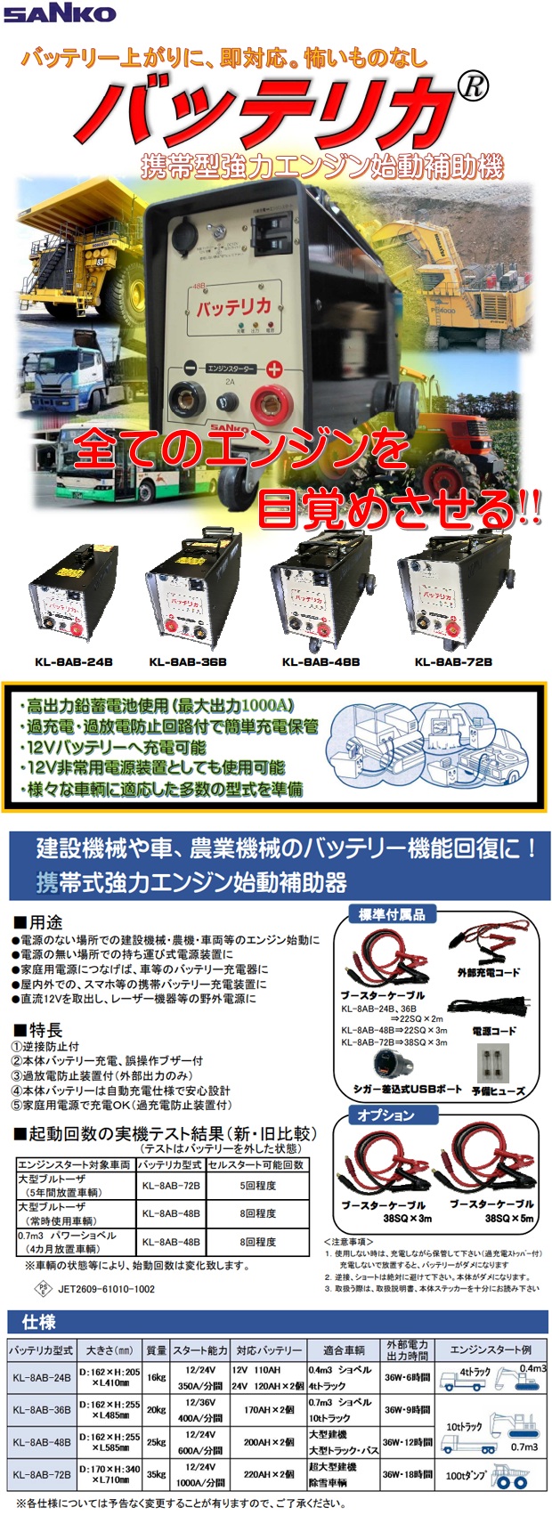 2個セット三晃精機 バッテリカ エンジンスターター KL-8AB-20S 4トン ﾊﾞｯﾃﾘｰ補助充電用の携帯式強力エンジン始動補助器バッテリカ