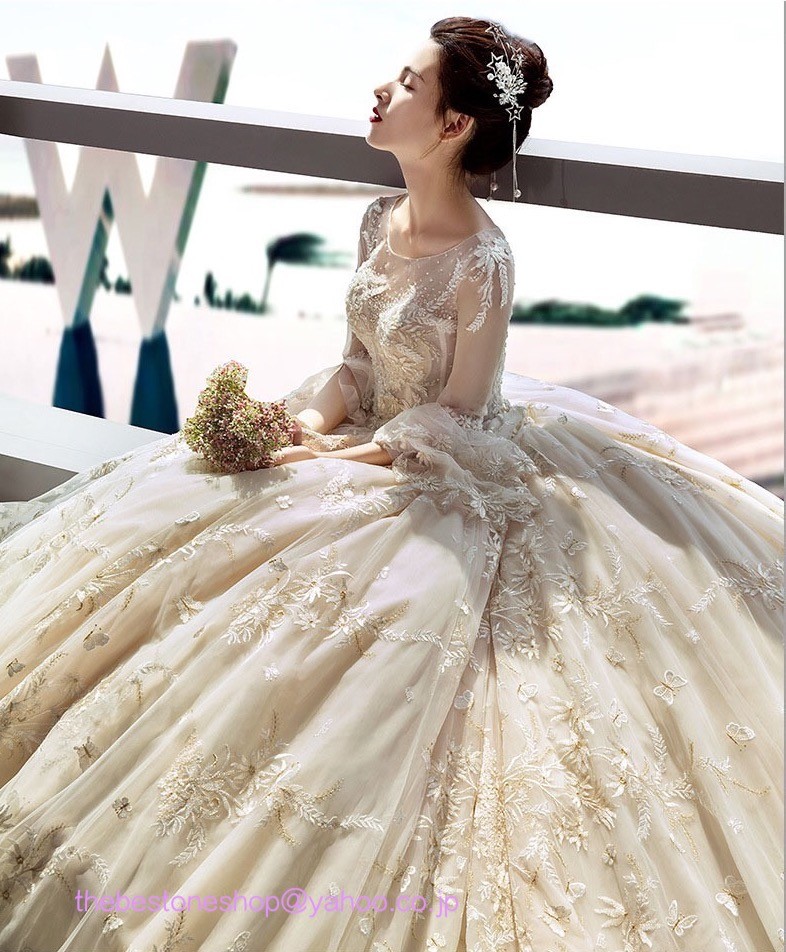 ロングトレーン 高級ウエディングドレス お花嫁ドレス プリンセス