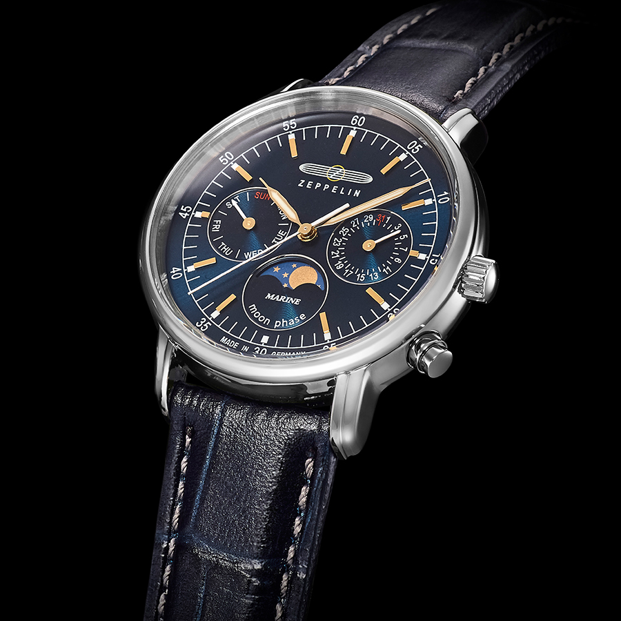 ツェッペリン LZ14 マリーネ 36mm ムーンフェイズ 8635-3 メンズ 腕時計 電池式 クオーツ ネイビー 革ベルト デイデイトの画像