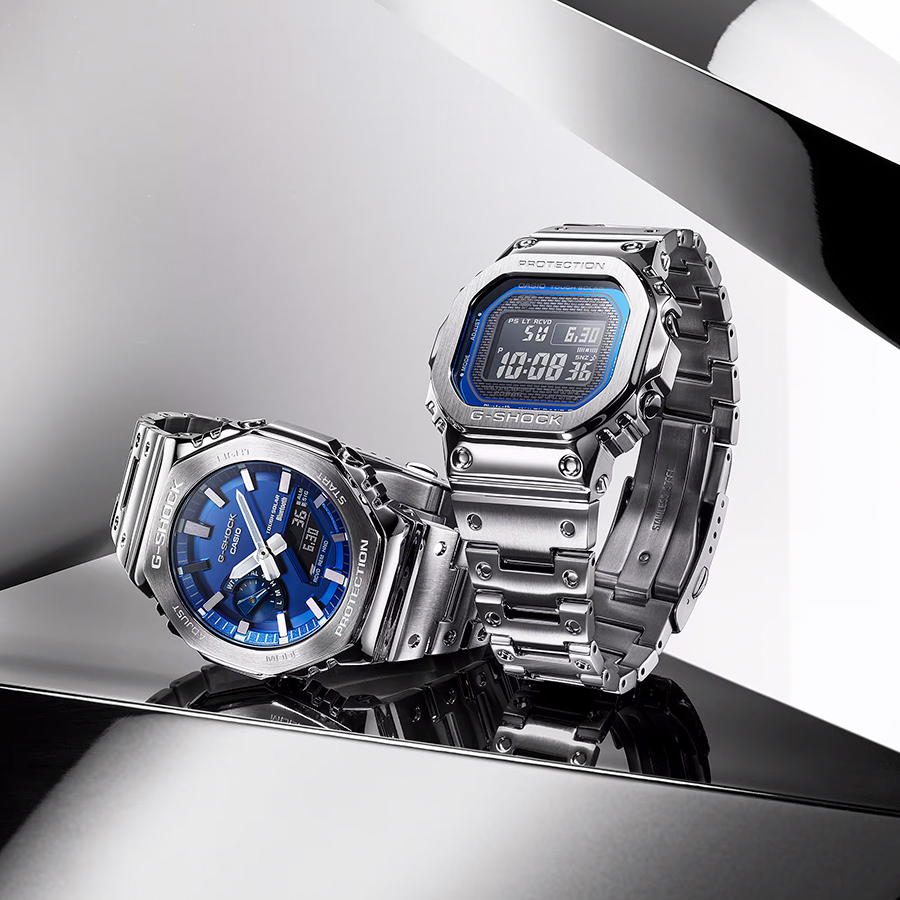 4月6日発売 G-SHOCK フルメタル ブルーアクセント GM-B2100AD-2AJF メンズ 腕時計 ソーラー Bluetooth オクタゴン  シルバー 国内正規品 カシオ 日本製
