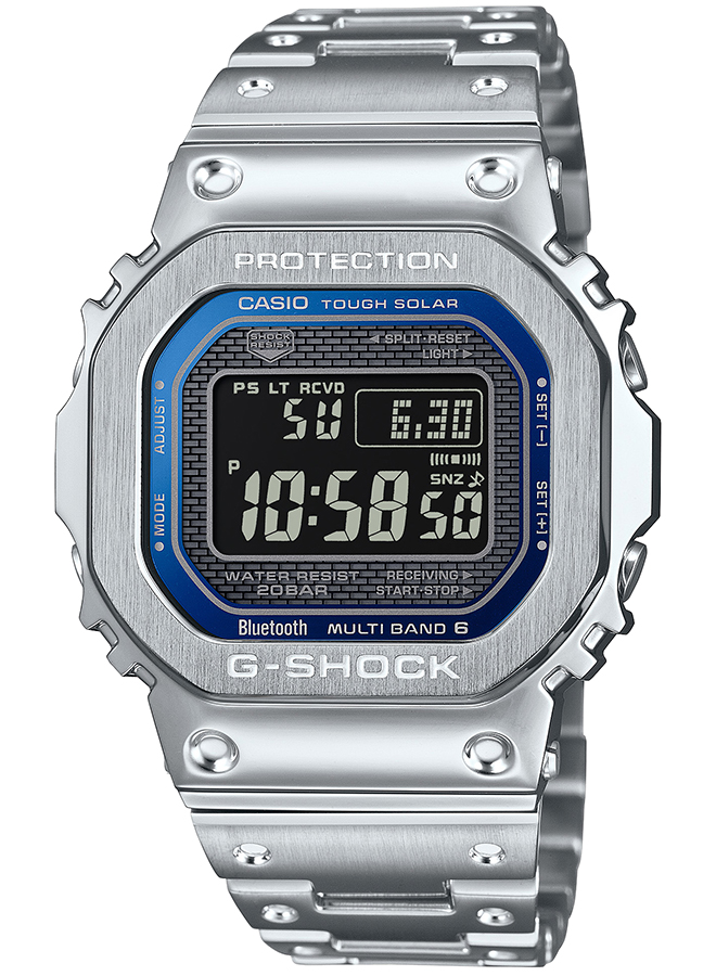 4月6日発売 G-SHOCK フルメタル ブルーアクセント GMW-B5000D-2JF メンズ 腕時計 電波ソーラー Bluetooth シルバー  反転液晶 国内正規品 カシオ 日本製