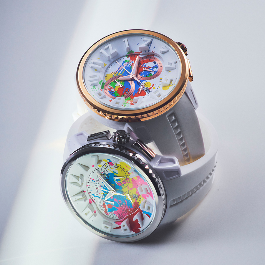 テンデンス ガリバースプラッシュ 50mm ペンキ飛散 TY046033 メンズ 腕時計 クオーツ 電池式 クロノグラフ ホワイト シリコンバンドの画像