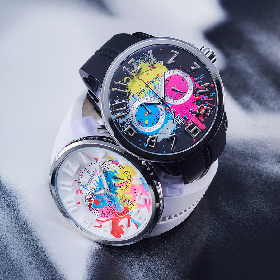 テンデンス ガリバースプラッシュ 50mm ペンキ飛散 TY046033 メンズ 腕時計 クオーツ 電池式 クロノグラフ ホワイト シリコンバンドの画像