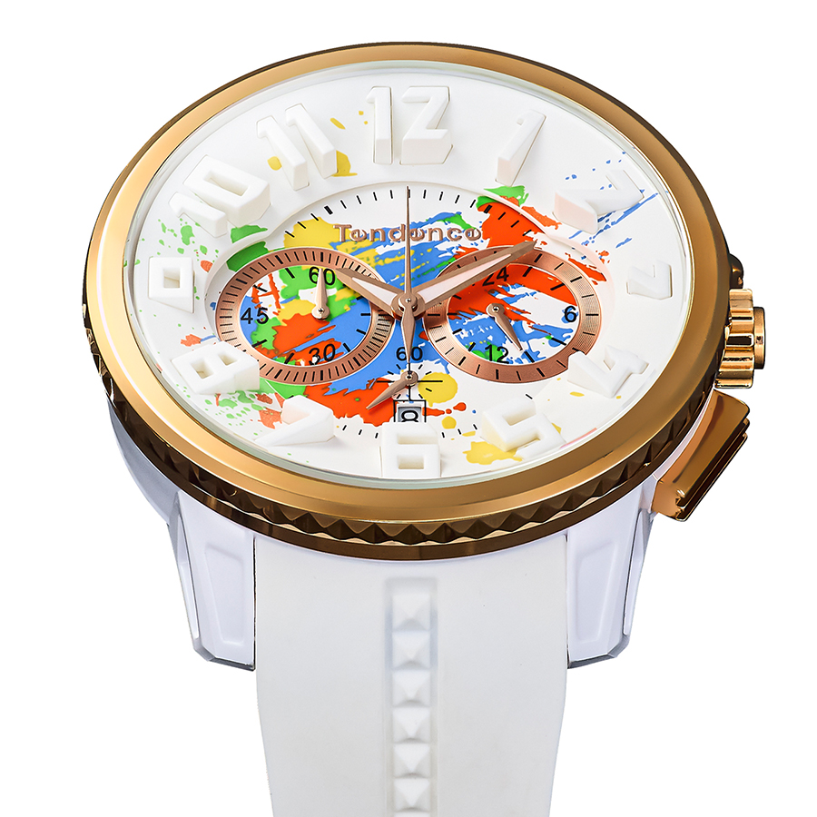 テンデンス ガリバースプラッシュ 50mm ペンキ飛散 TY046034 メンズ 腕時計 クオーツ 電池式 クロノグラフ ホワイト シリコンバンドの画像