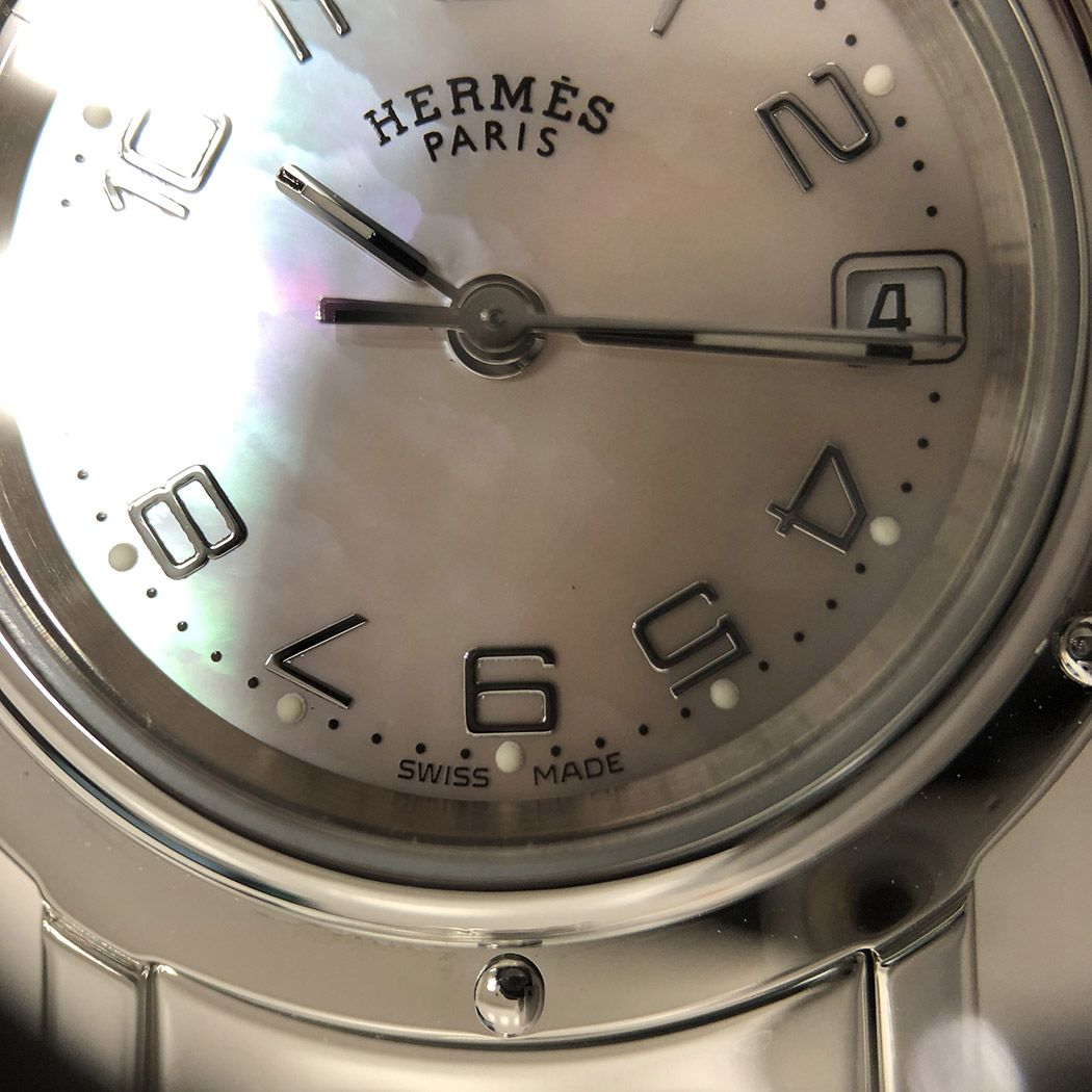 HERMES クリッパー CL4.210 電池交換済 クォーツ 磨き済 ピンク シェル 