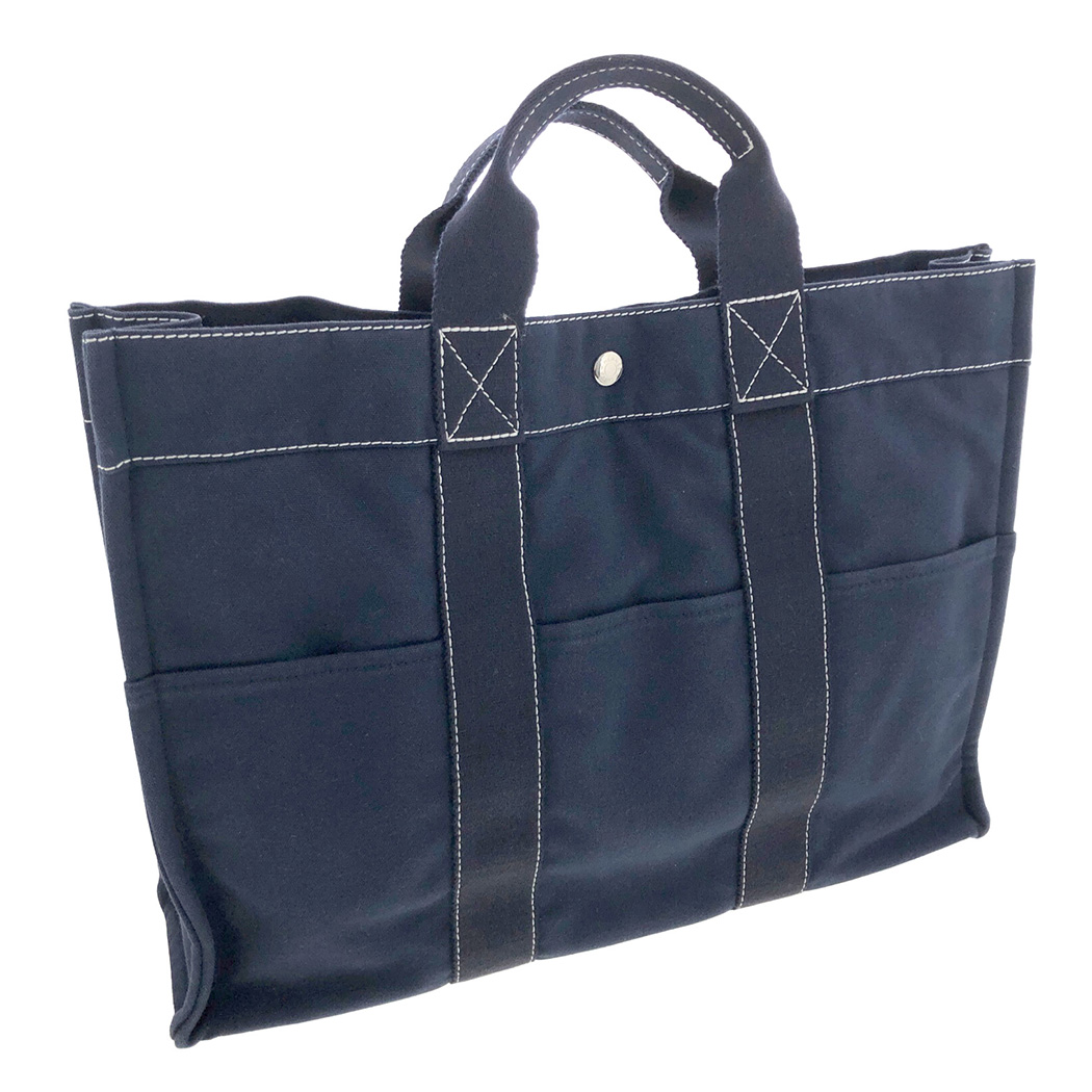 HERMES ネイビー コットン トートバッグ HERMES（エルメス） ドーヴィル トートMM コットンキャンバス ネイビー