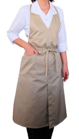 V胸当てカフェエプロン ベージュ スリット入り （ソムリエエプロン