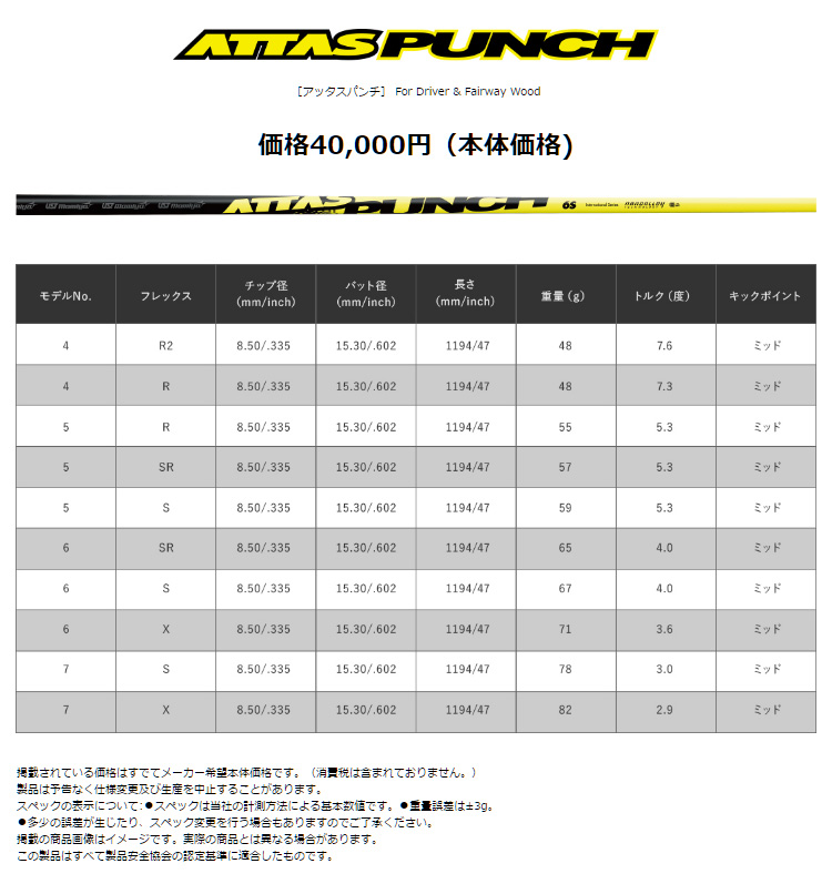 USTマミヤ ATTAS PUNCH アッタスパンチ ウッド用 シャフト 日本