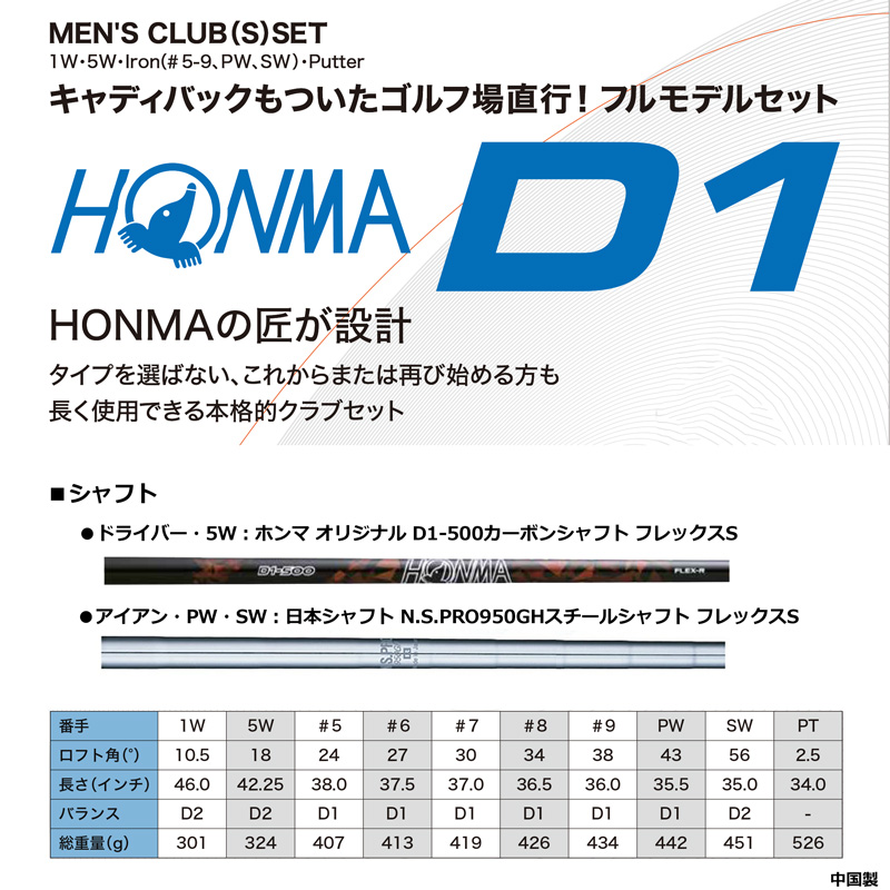 HONMA D1 ホンマ メンズ ゴルフセット 右きき用 10本組 フレックスS