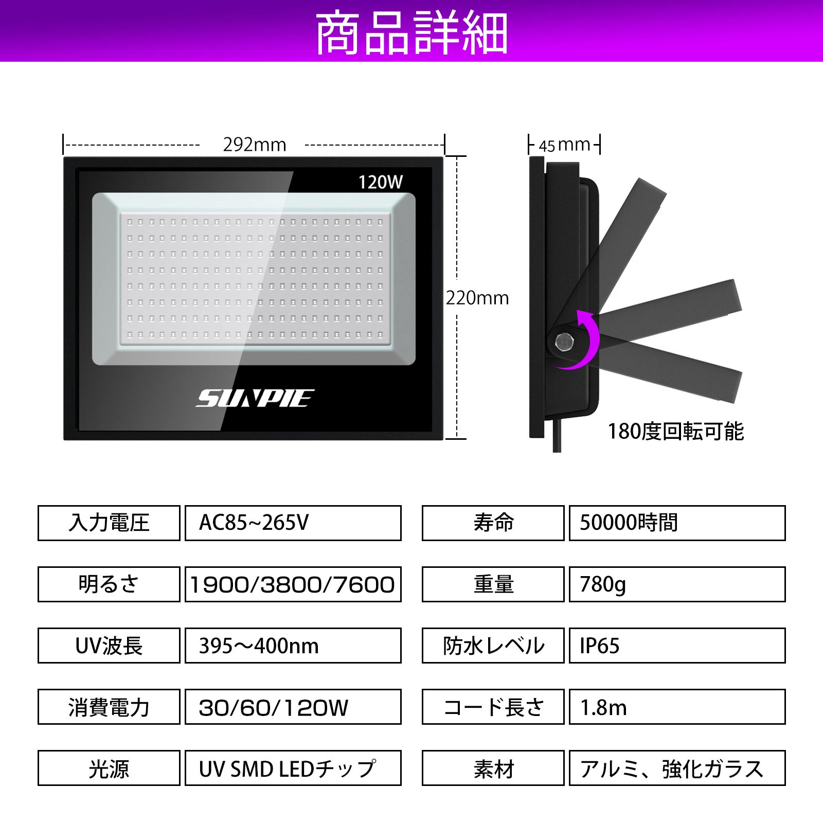 ブラックライト 120W 紫外線ライト 日本語取扱書付 投光器 LED uv