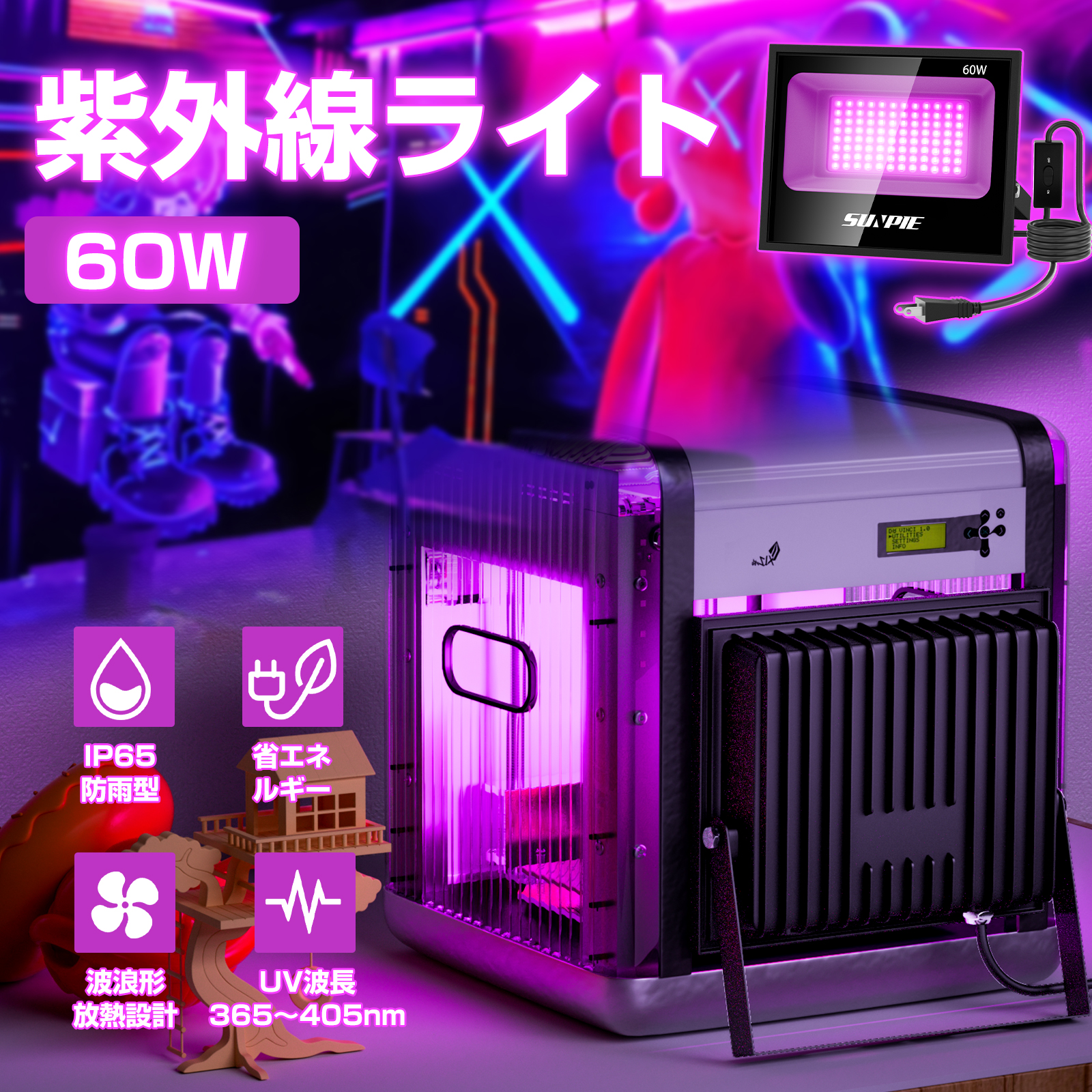 ブラックライト 60W 紫外線ライト 日本語取扱書付 投光器 LED uv