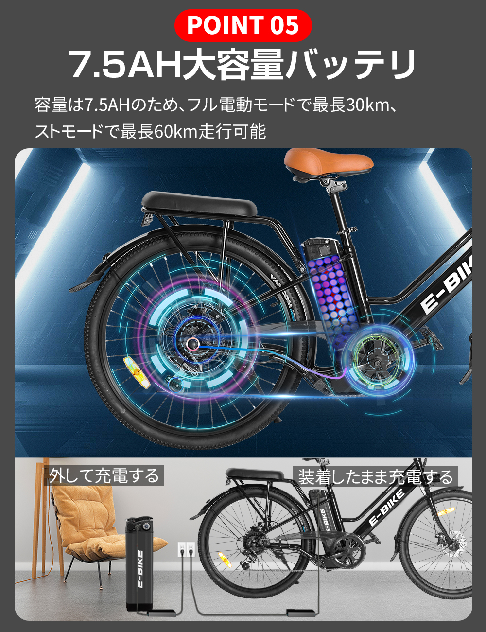 電動アシスト自転車 電動自転車 フル電動自転車 26インチ 7.5Ah 