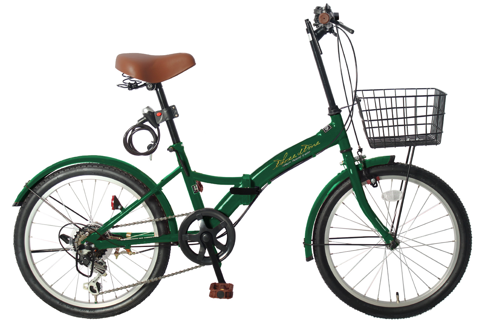 人気2024前カゴ付属20インチ折り畳み自転車SHIMANO外装6段変速　カーキ 20インチ～