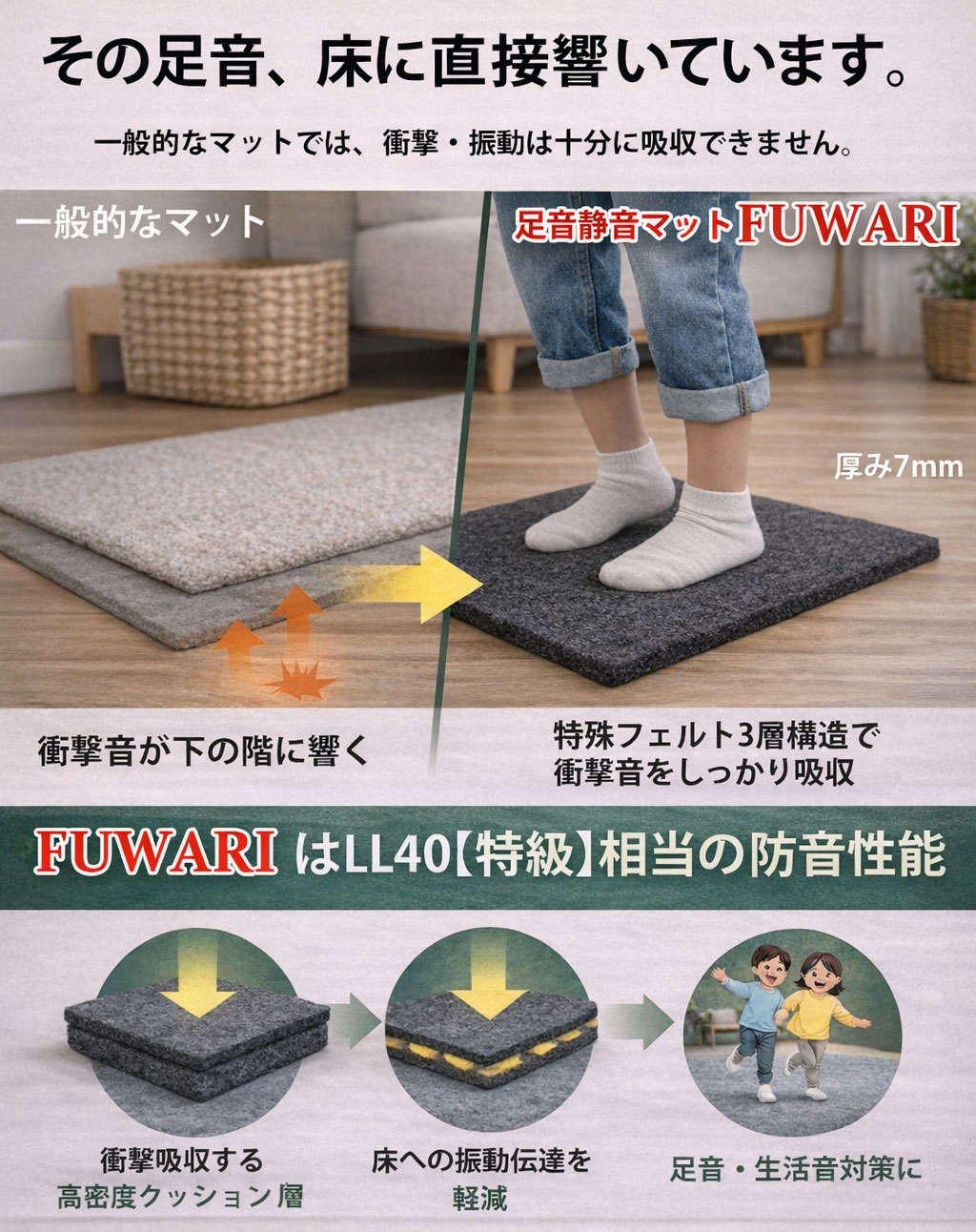 防音マット 床 日本製 FUWARI L-40特級 足音対策 賃貸OK 敷くだけ 50
