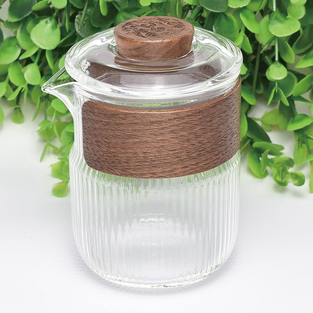 中国茶器・竪紋玻璃壺 270ml（満水340ml）・内茶漉（耐熱ガラス