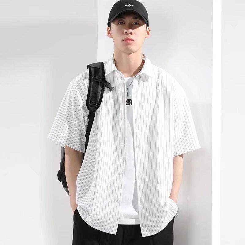 シャツ メンズ カジュアルシャツ 接触冷感 アイスシルクシャツ ストライプ 半袖 夏服 薄手 涼しい トップス サマー おしゃれ 父の日 五分袖 | ブランド登録なし | 01