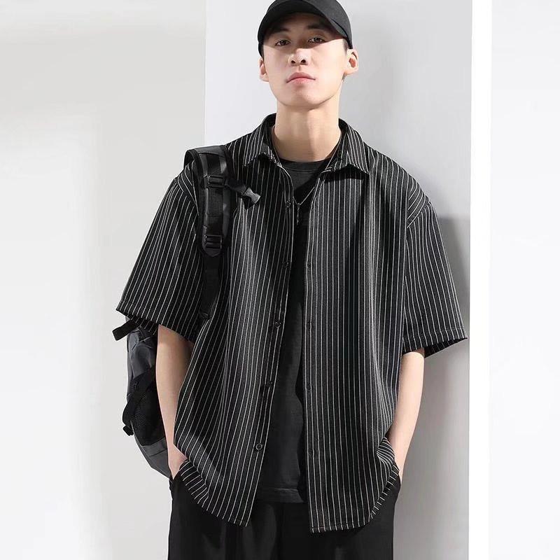 シャツ メンズ カジュアルシャツ 接触冷感 アイスシルクシャツ ストライプ 半袖 夏服 薄手 涼しい トップス サマー おしゃれ 父の日 五分袖 | ブランド登録なし | 02