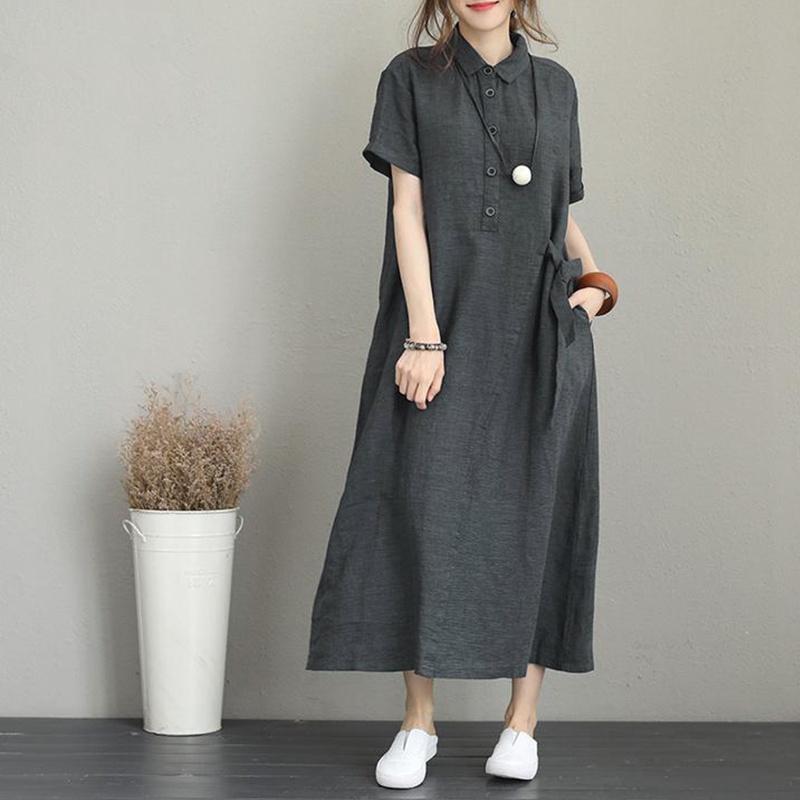 シャツワンピース レディース ロング丈 マキシ丈 半袖 リネン シャツ ワンピース 春 夏 春服 夏服 きれいめ ゆったり チュニック トップス 羽織 | ブランド登録なし | 02