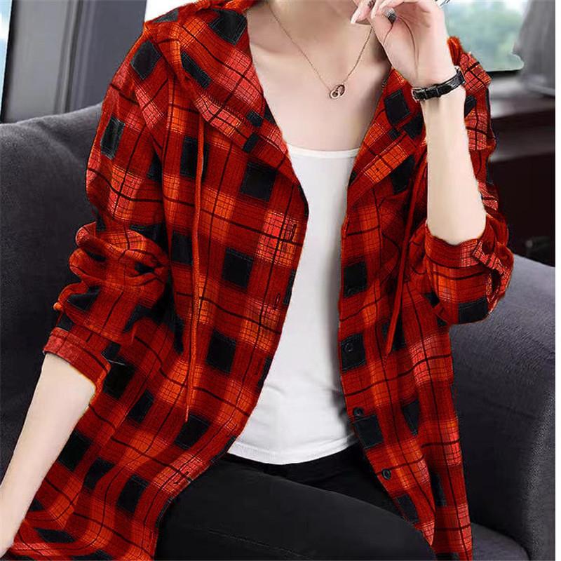 シャツ レディース ロング 長袖 ブラウス チェック フード付き ロングシャツ 春 春服 夏服 きれいめ トップス カットソー カジュアル 体型カバー | ブランド登録なし | 02
