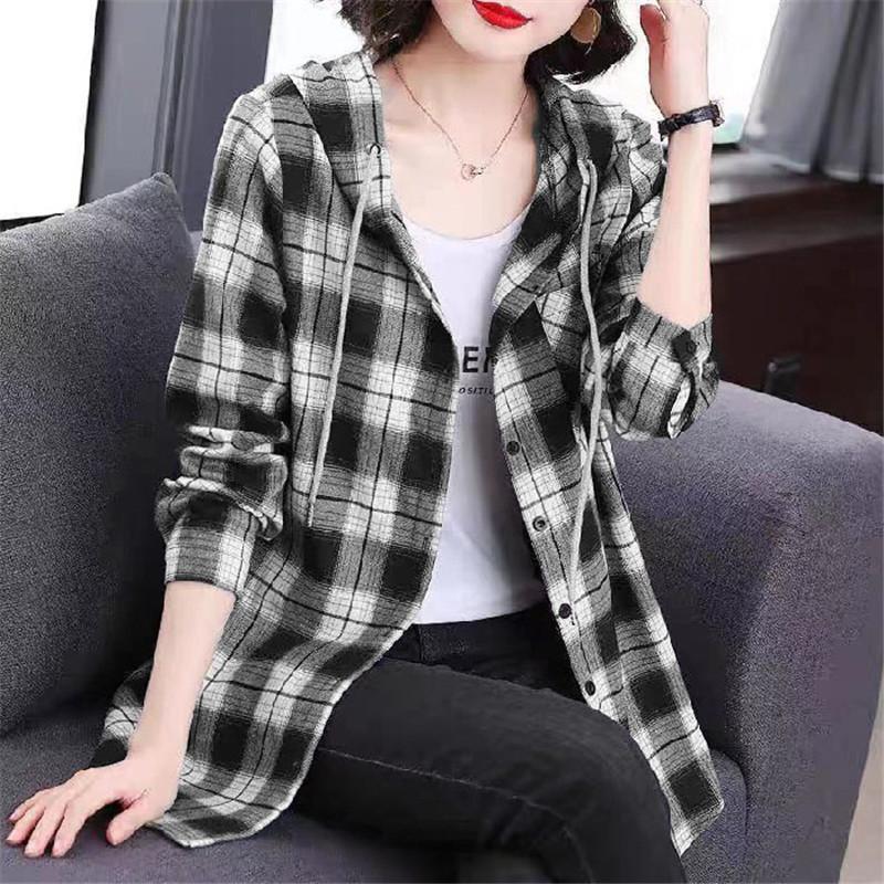 シャツ レディース ロング 長袖 ブラウス チェック フード付き ロングシャツ 春 春服 夏服 きれいめ トップス カットソー カジュアル 体型カバー | ブランド登録なし | 03