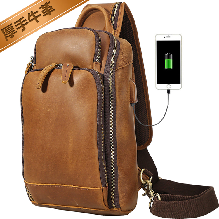 TIDING USB充電可 メンズ 本革 ボディバッグ ワンショルダーバッグ ラウンドZIP 厚手牛革 ヌメ革 iPad9.7インチ対応 革鞄  ダークブラウン