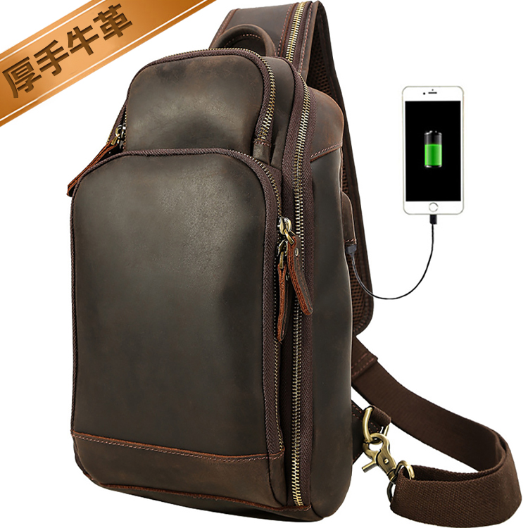 TIDING USB充電可 メンズ 本革 ボディバッグ ワンショルダーバッグ ラウンドZIP 厚手牛革 ヌメ革 iPad9.7インチ対応 革鞄  ダークブラウン