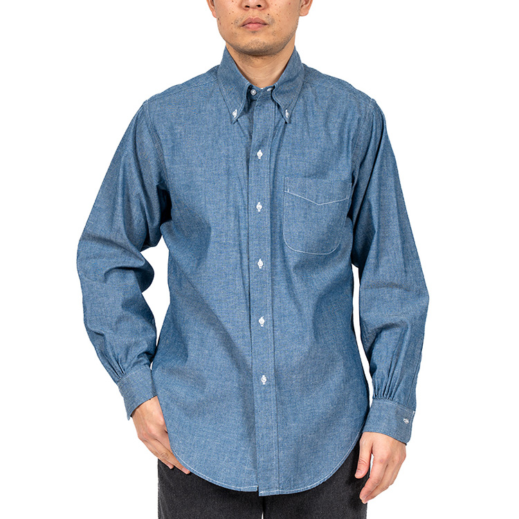 パパス 高級ワーカーズプリントライトインディゴコットンシャンブレーBDシャツ S e3deb0beb2819560bd256c86f80cb8