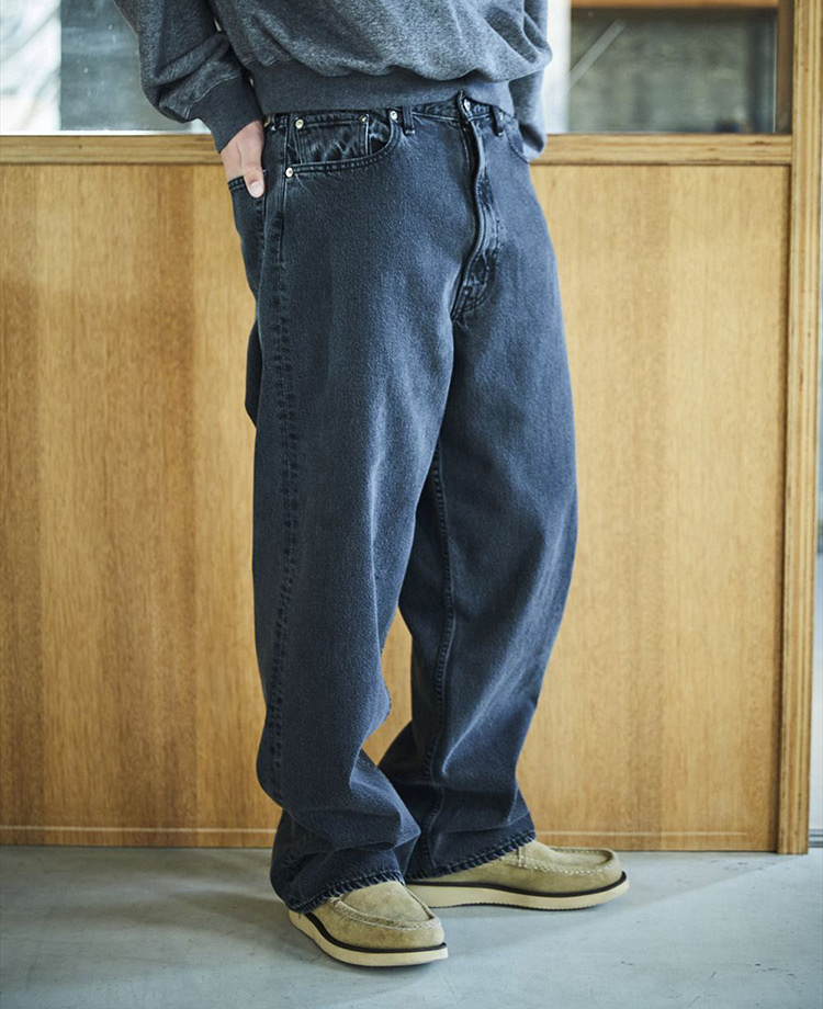 美品 オアスロウ 100 ブラックデニム ワイドストレートパンツ L 日本製